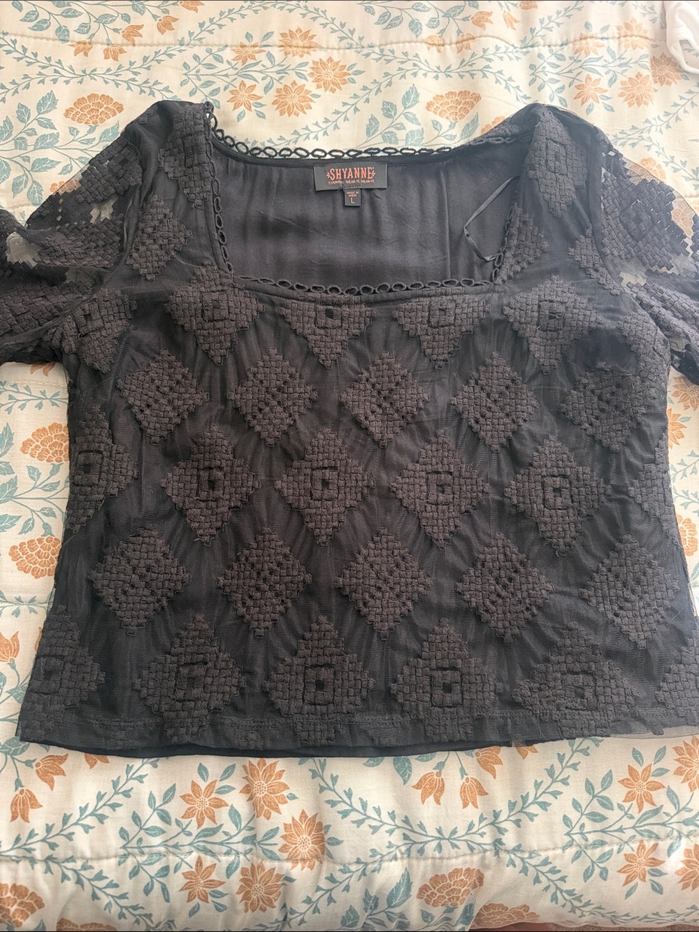 Shyanne Black Crochet Diamond-Pattern Women's Blouse